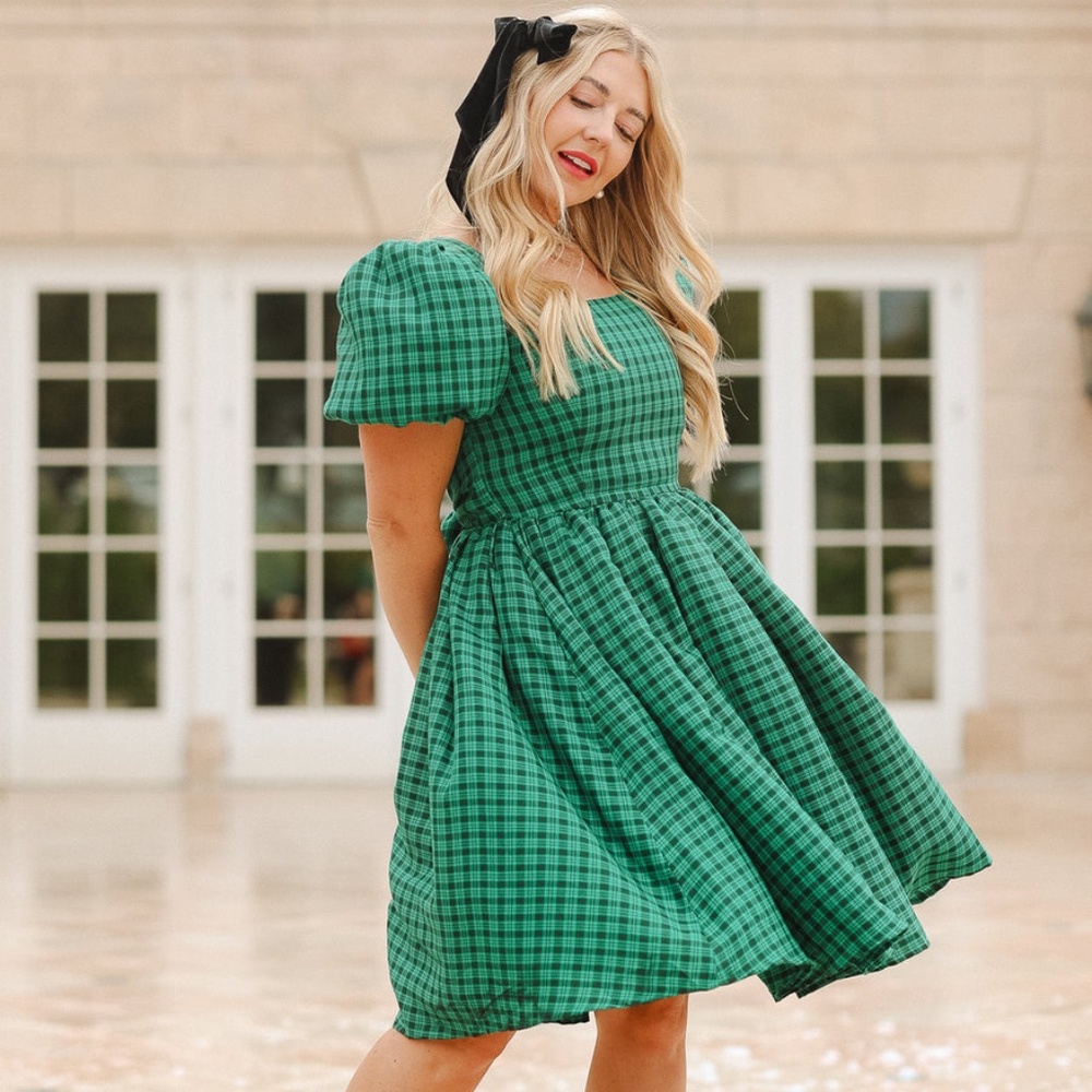 Ivy City Co Cupcake Dress in Bright Green Plaid